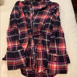 Express Multicolor Plaid Lace-Up Shirt